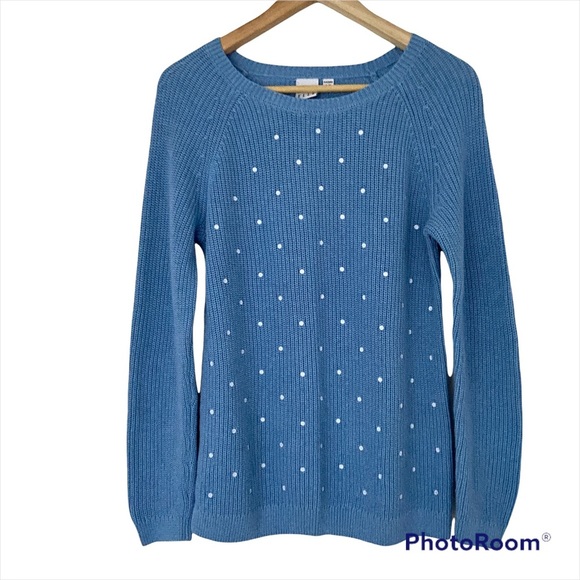ELLE BRAND LIGHT BLUE POLKA DOT SWEATER WITH WHITE SPOTS, SMALL, 100% COTTON - Picture 1 of 5
